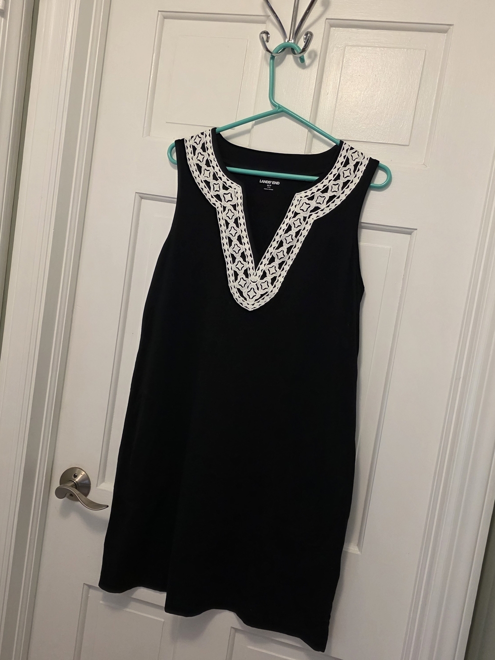 Lands' End Black Mini Dress with White Crochet V-Neck Size PM, Preppy